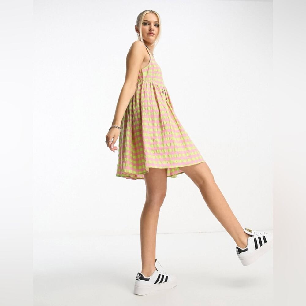 ASOS DESIGN square neck mini smock sundress in pink and green gingham size 12us